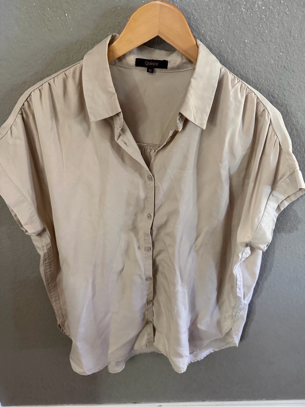 Quince Women's 100% tencel lyocell Short Sleeve Button-Up Shirt in Medium Beige